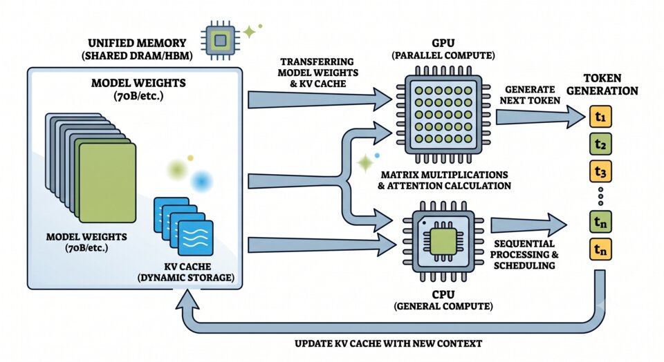 Technical diagram of a local LLM inference system showing model weights and KV cache moving through unified memory to CPU and GPU compute while tokens are generated